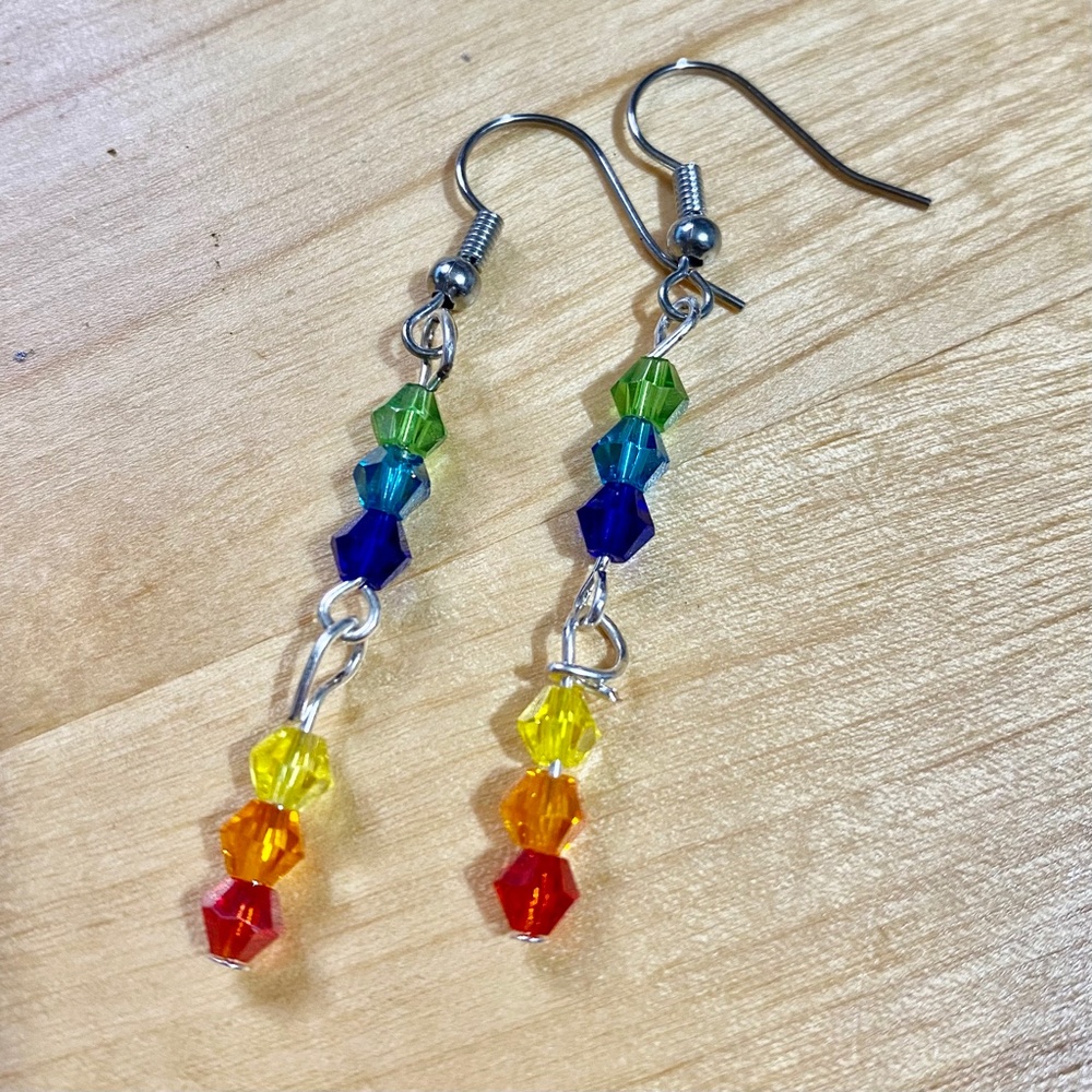 Rainbow Beaded Silver Tone Two Link Dangle Earrings